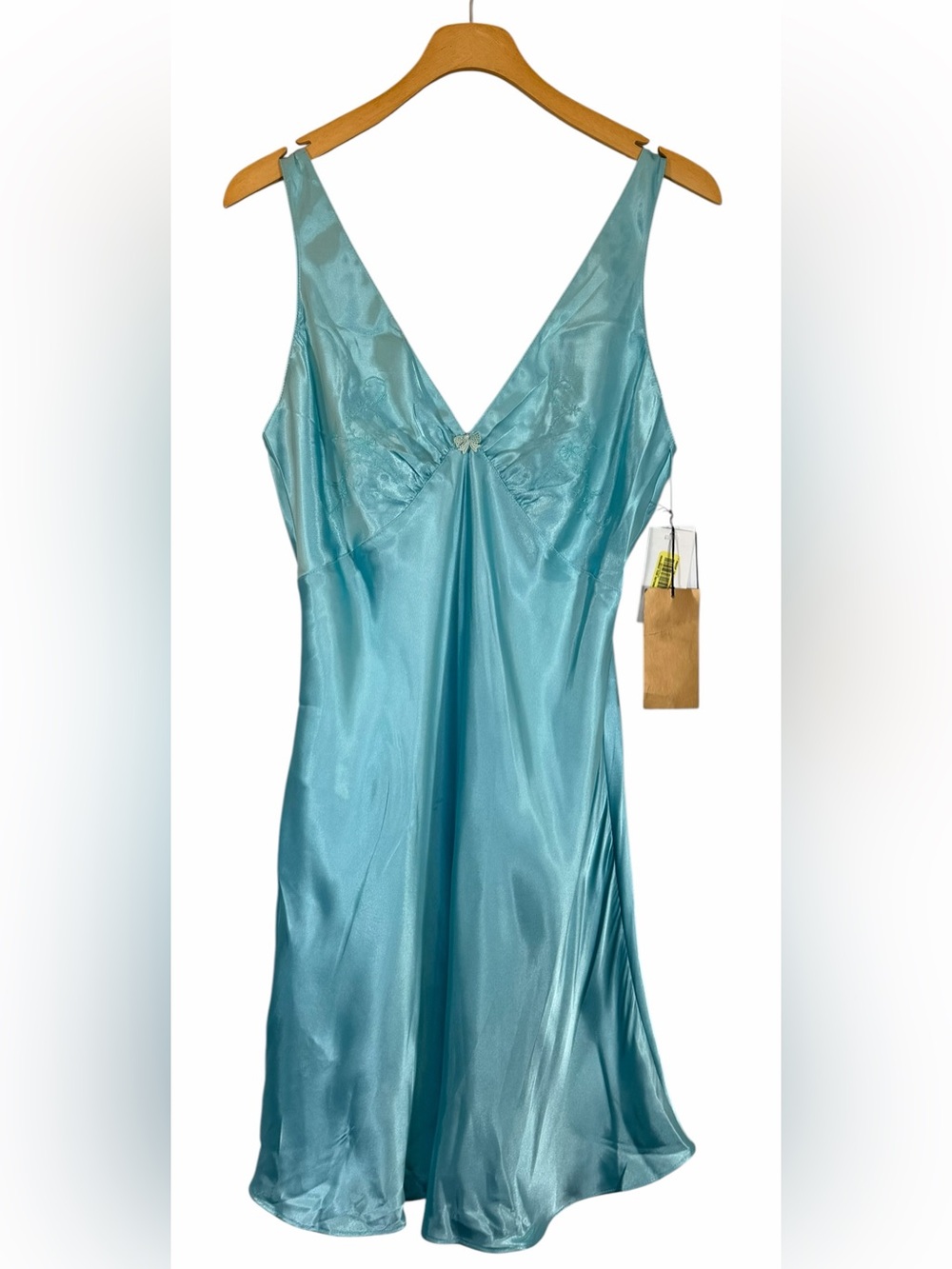 Y2K Vintage Sensara Teal Satin V-Neck Slip Dress Nightgown Size M Teal NEW
